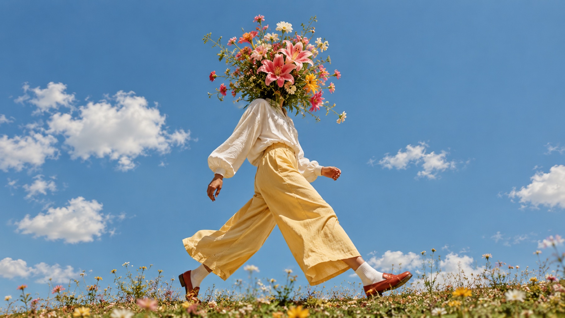 A figure with a bouquet of flowers for a head walking through a meadow under a blue sky
