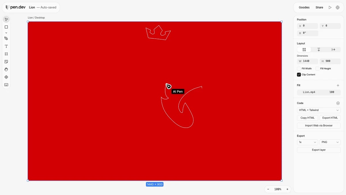 The AI Pen drawing a lion's outline on a red artboard. Image: pen.dev