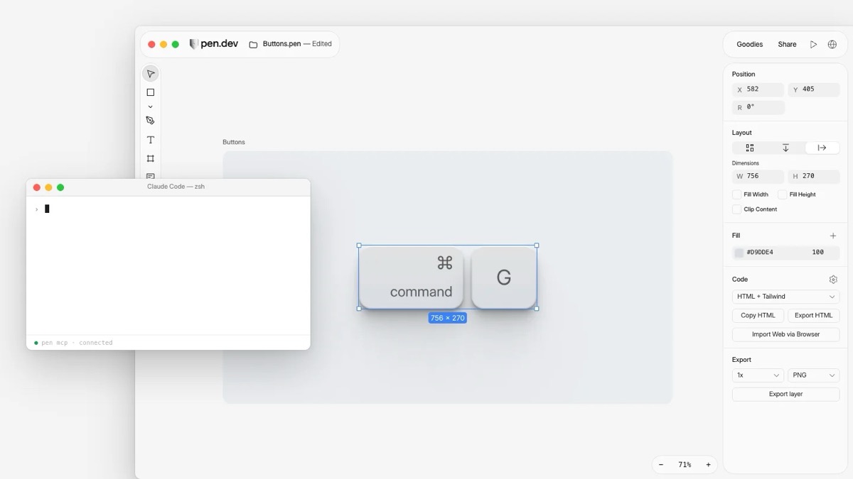Claude Code in a terminal next to a pen.dev file of keyboard-key buttons. Image: pen.dev