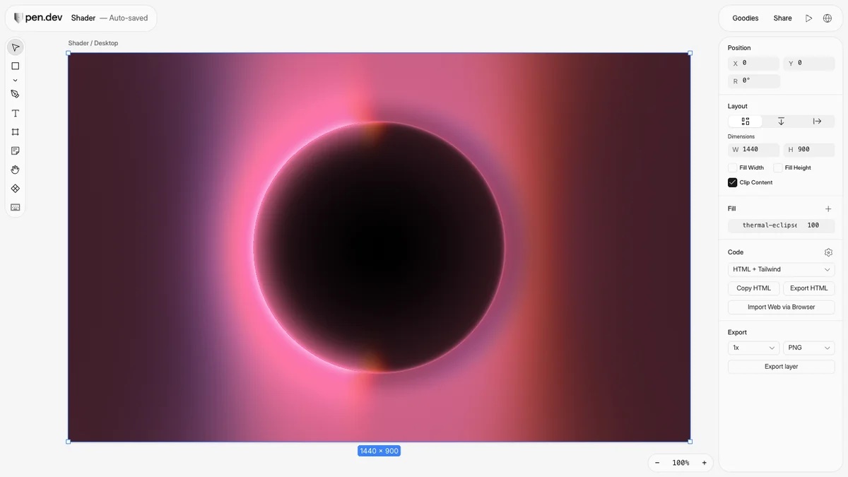 A shader frame, with the code and export options in the right panel. Image: pen.dev
