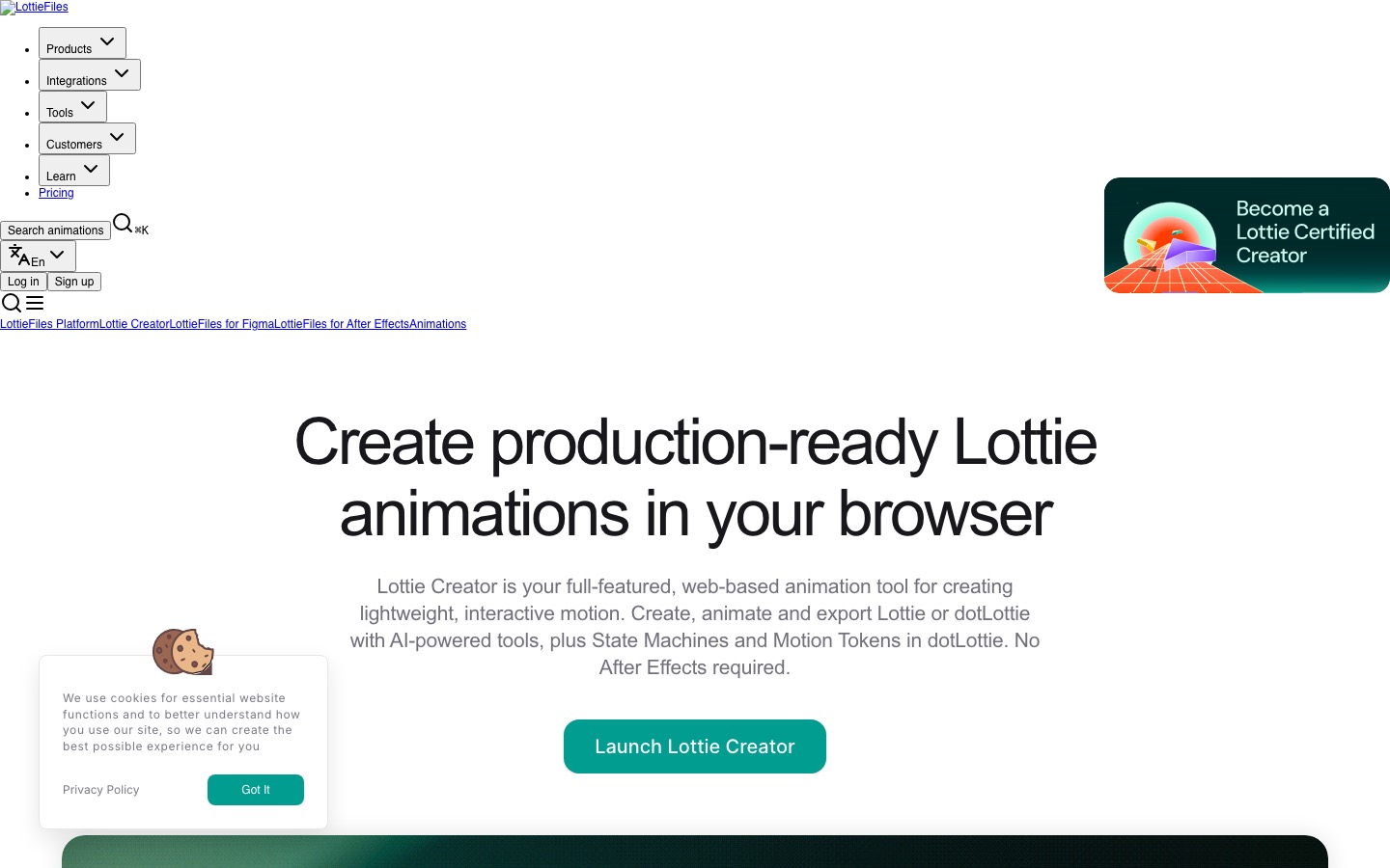 Lottie Creator website homepage